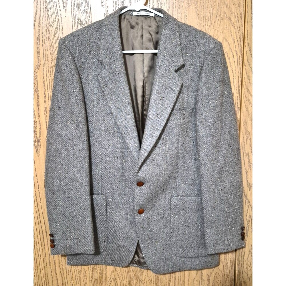 Yves Saint Laurent Vintage Men's Gray Taupe Tweed Wool Blazer Wood Buttons Sz 40